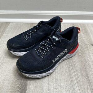 Hoka One One Bondi 7 Shoes Womens Size 8 Navy Blue Red Athletic Running Sneakers